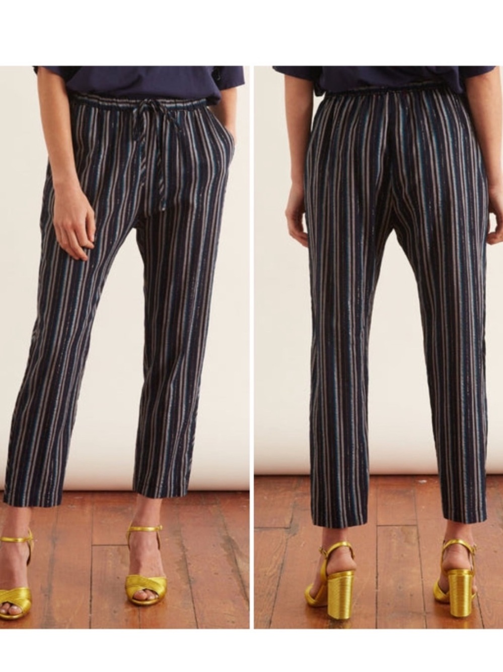 XIRENA Kalvyn Pant in Blue Navy and Green Night Spark Silver Lurex Stripes Sz L